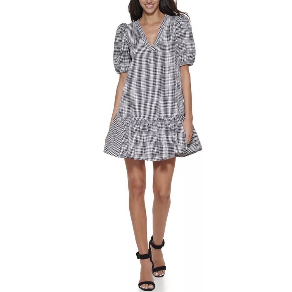 Calvin Klein Black White Gingham Print Gauze Flounce Dress Puff Sleeve‎ Sz-10
